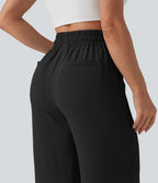 Pantalon casual 7/8 taille haute aspect lin à cordon de serrage et ourlet arrondi avec poches