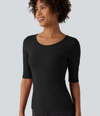 T-shirt casual col rond échancré manches trois-quarts en maille côtelée