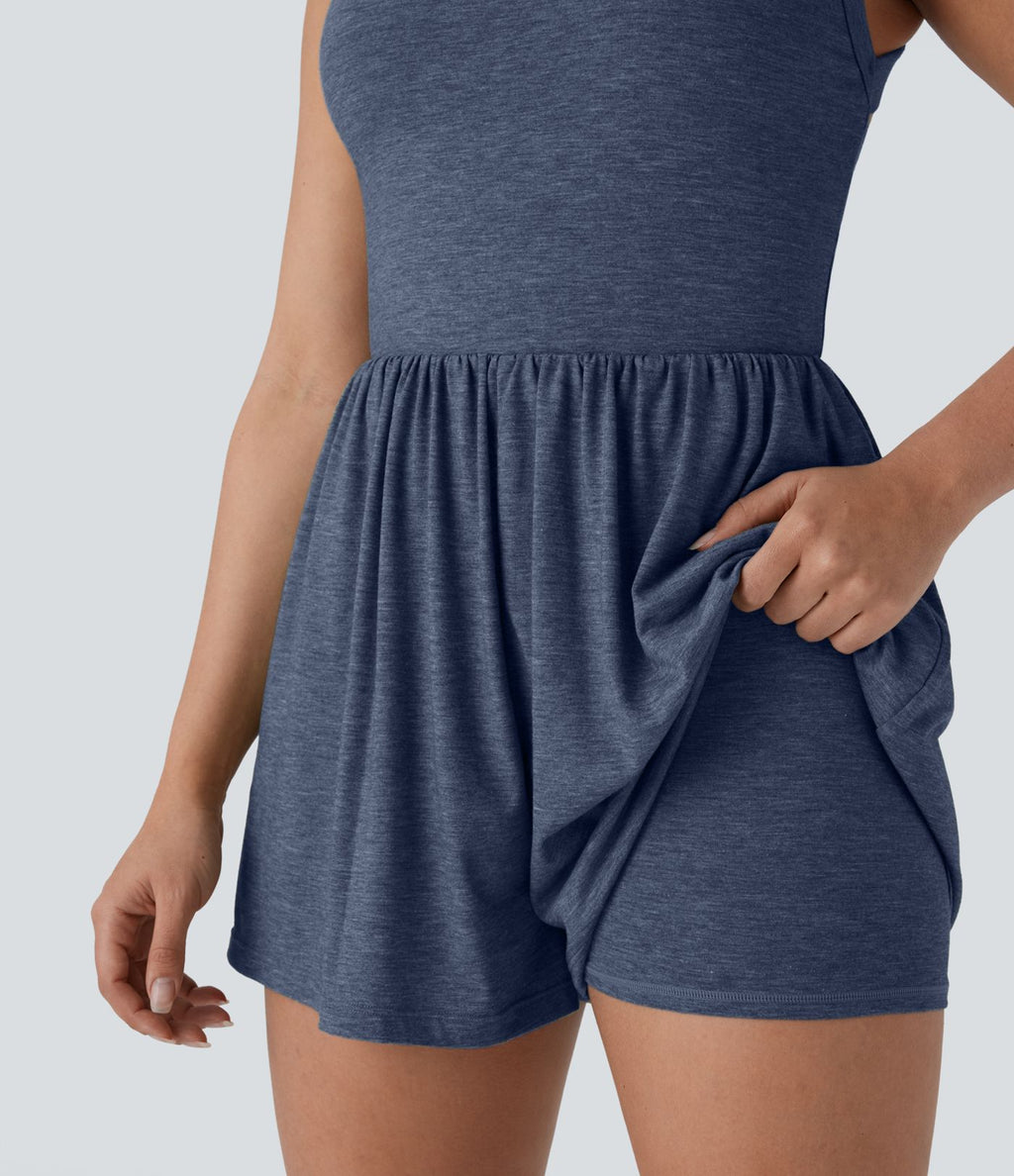 Combishort de villégiature 2-en-1 à dos nu, design torsadé, poches latérales - Édition Easy Peasy
