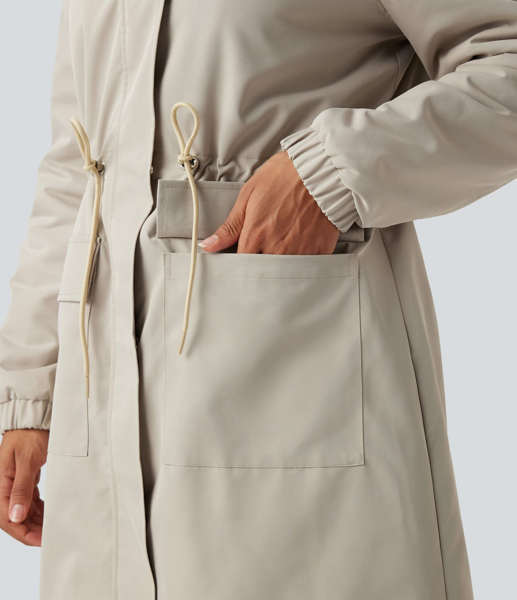 Parka longue polaire à capuche avec cordon de serrage manches longues et poches