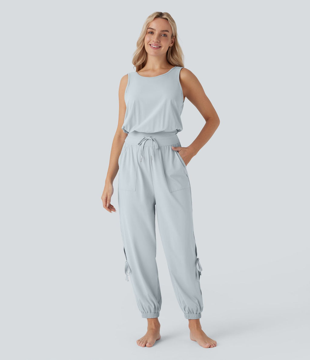 Combinaison de yoga col bateau sans manches dos nu avec découpes et poches latérales à cordon de serrage effet frais InstantCool, protection solaire UPF50+