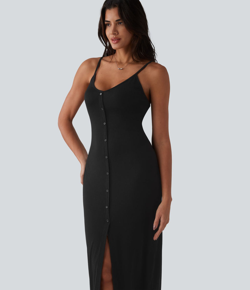 Robe nuisette casual midi moulante côtelée à bretelles réglables avec boutons décoratifs et fente