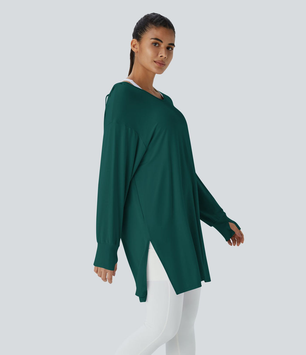 Sweatshirt Casual à Capuche Encolure en V Cordon de Serrage Trou pour le Pouce Fente et Coupe Longue