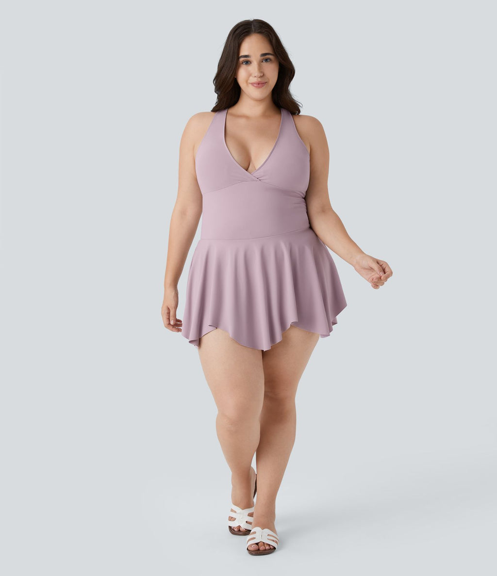 Robe Casual Grande Taille Mini 2-en-1 à Col en V Profond Dos Nu Dos Nageur Sans Manches avec Poches Latérales