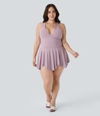 Robe Casual Grande Taille Mini 2-en-1 à Col en V Profond Dos Nu Dos Nageur Sans Manches avec Poches Latérales