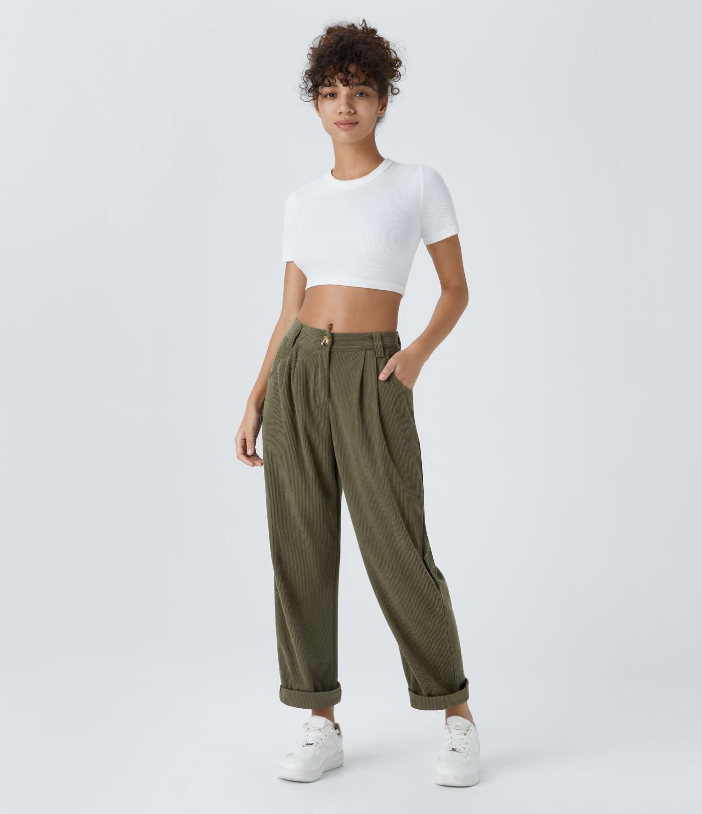 Pantalon en velours côtelé décontracté taille moyenne avec poches latérales