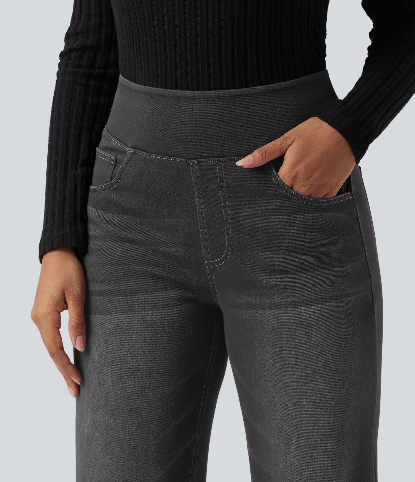 Jean décontracté Halara Flex™ taille haute, extensible, délavé, jambes droites avec poches multiples