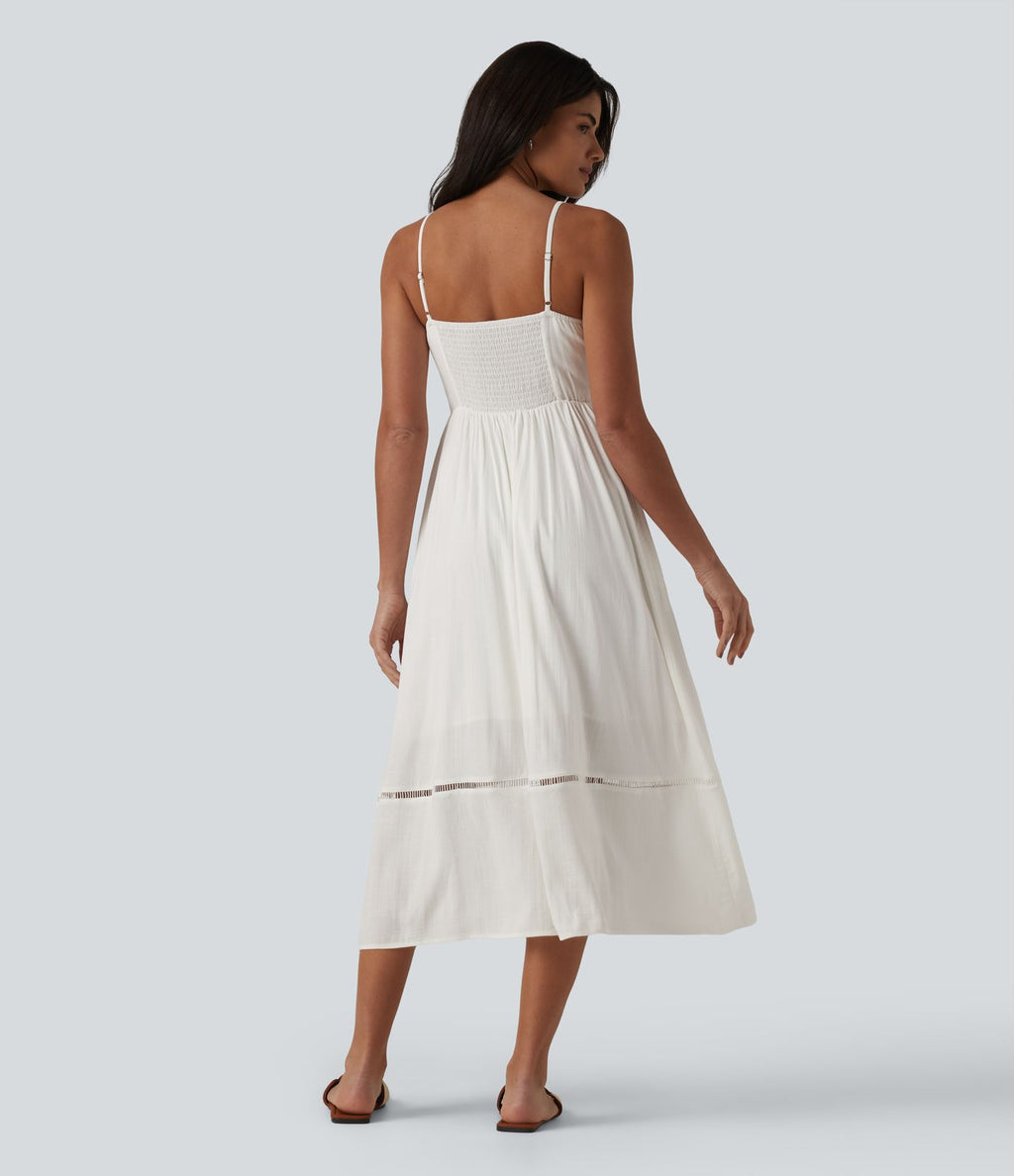 Robe nuisette midi aspect lin avec nœud devant, découpes et poches