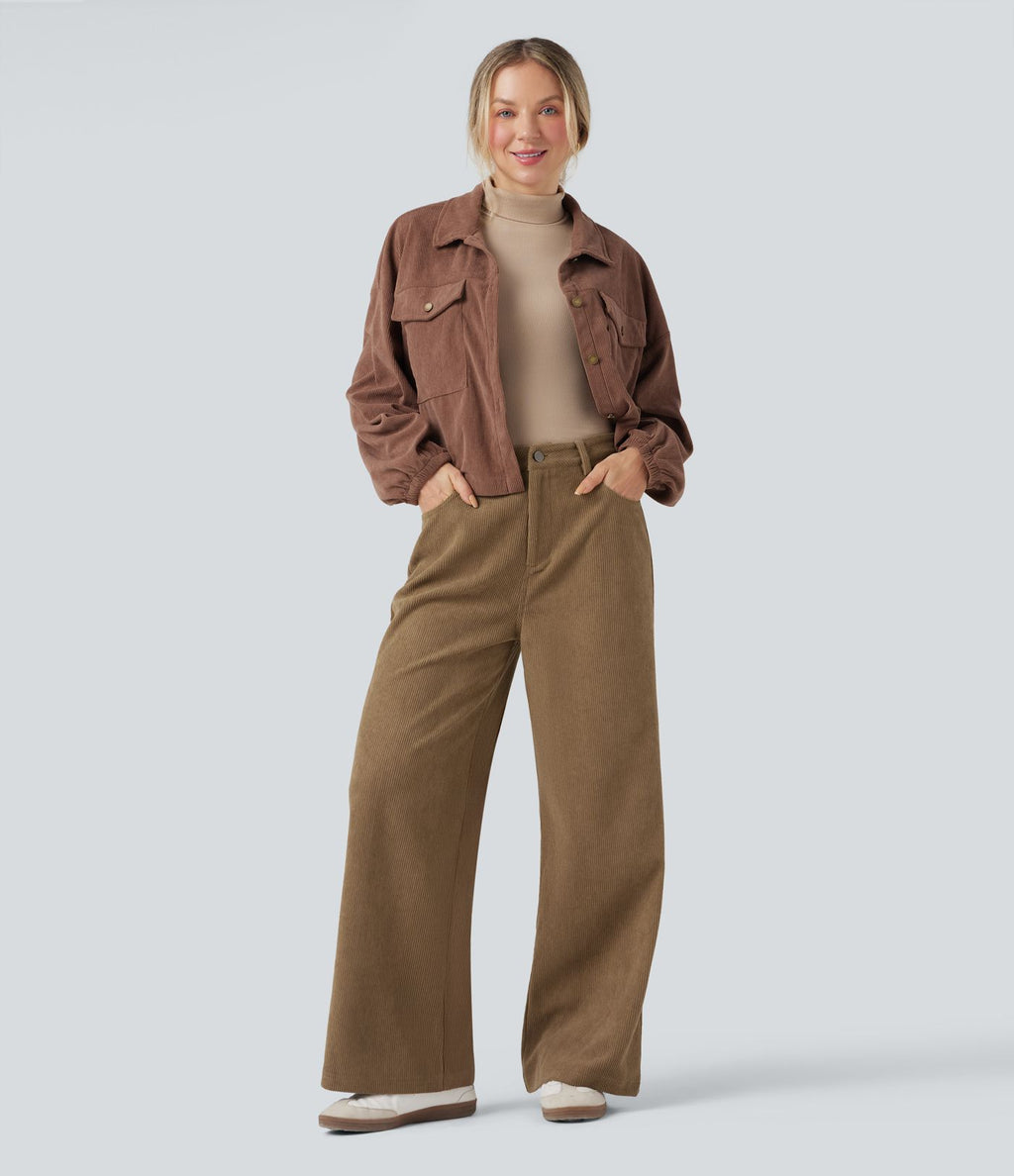 Pantalon large décontracté en velours côtelé taille haute avec poches