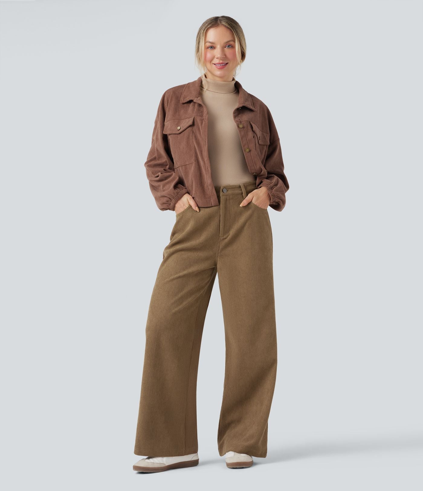 Pantalon large décontracté en velours côtelé taille haute avec poches