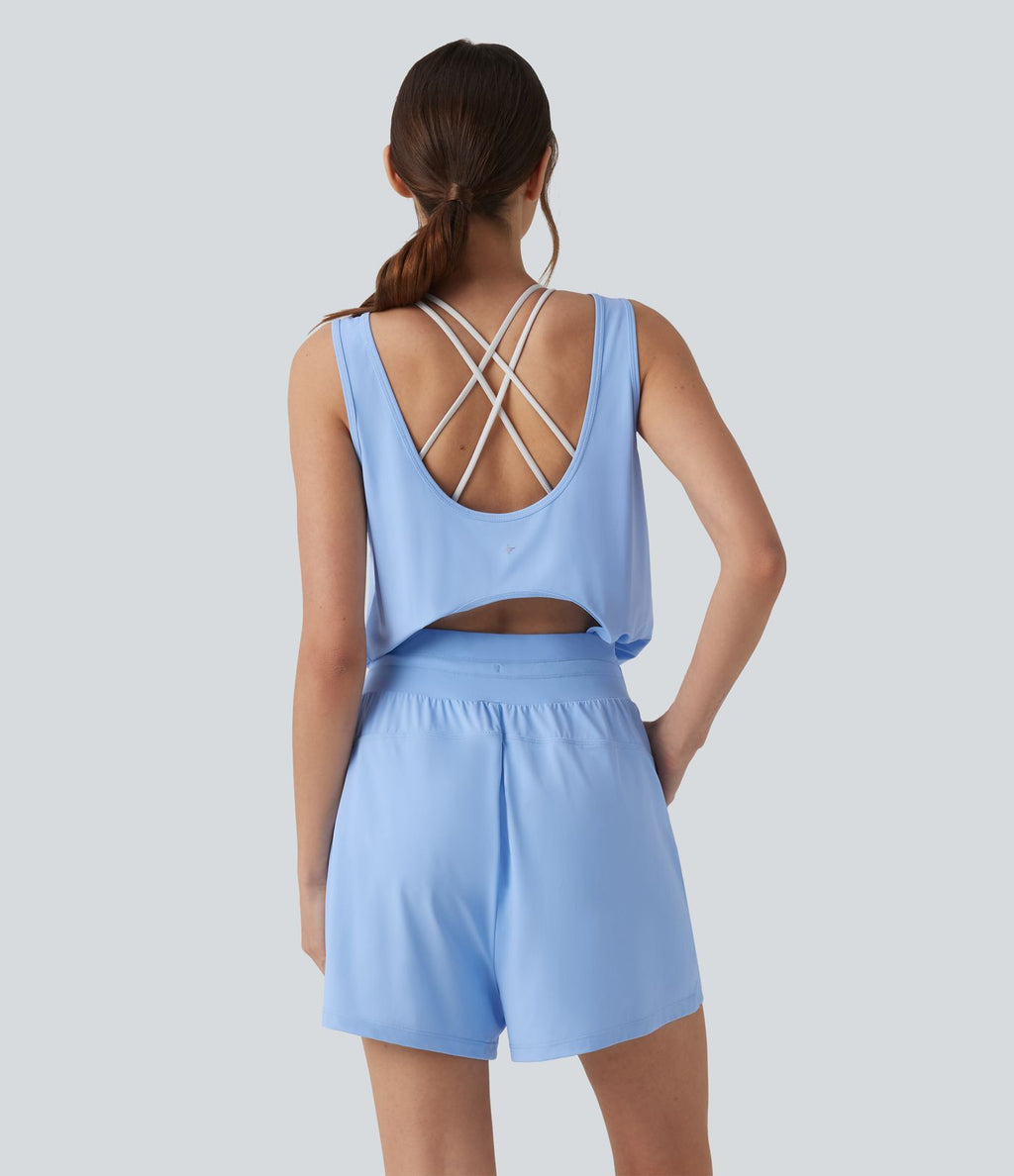 Barboteuse de yoga col rond effet frais InstantCool dos nu avec découpes, cordon de serrage et poches, protection solaire UPF50+
