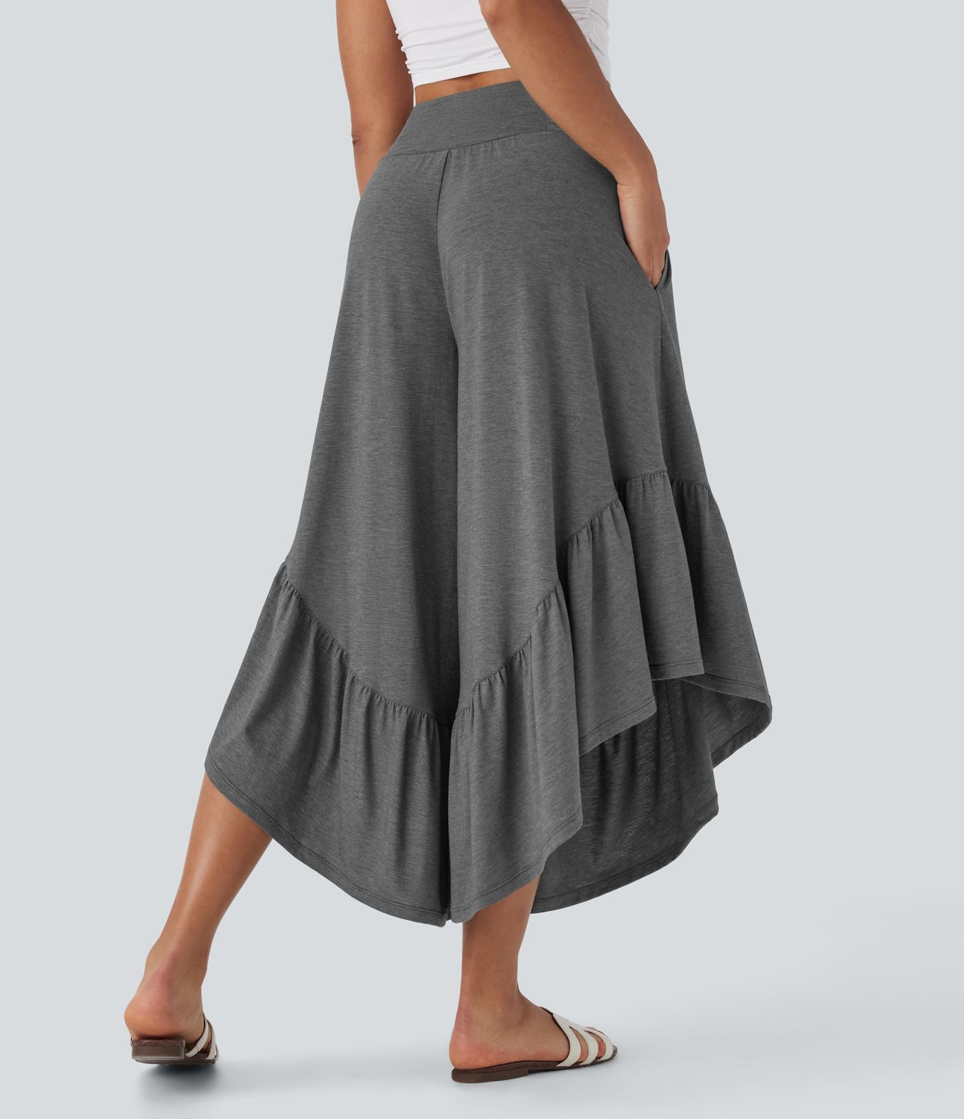 Pantalon décontracté super évasé taille haute avec ourlet à volants et poches