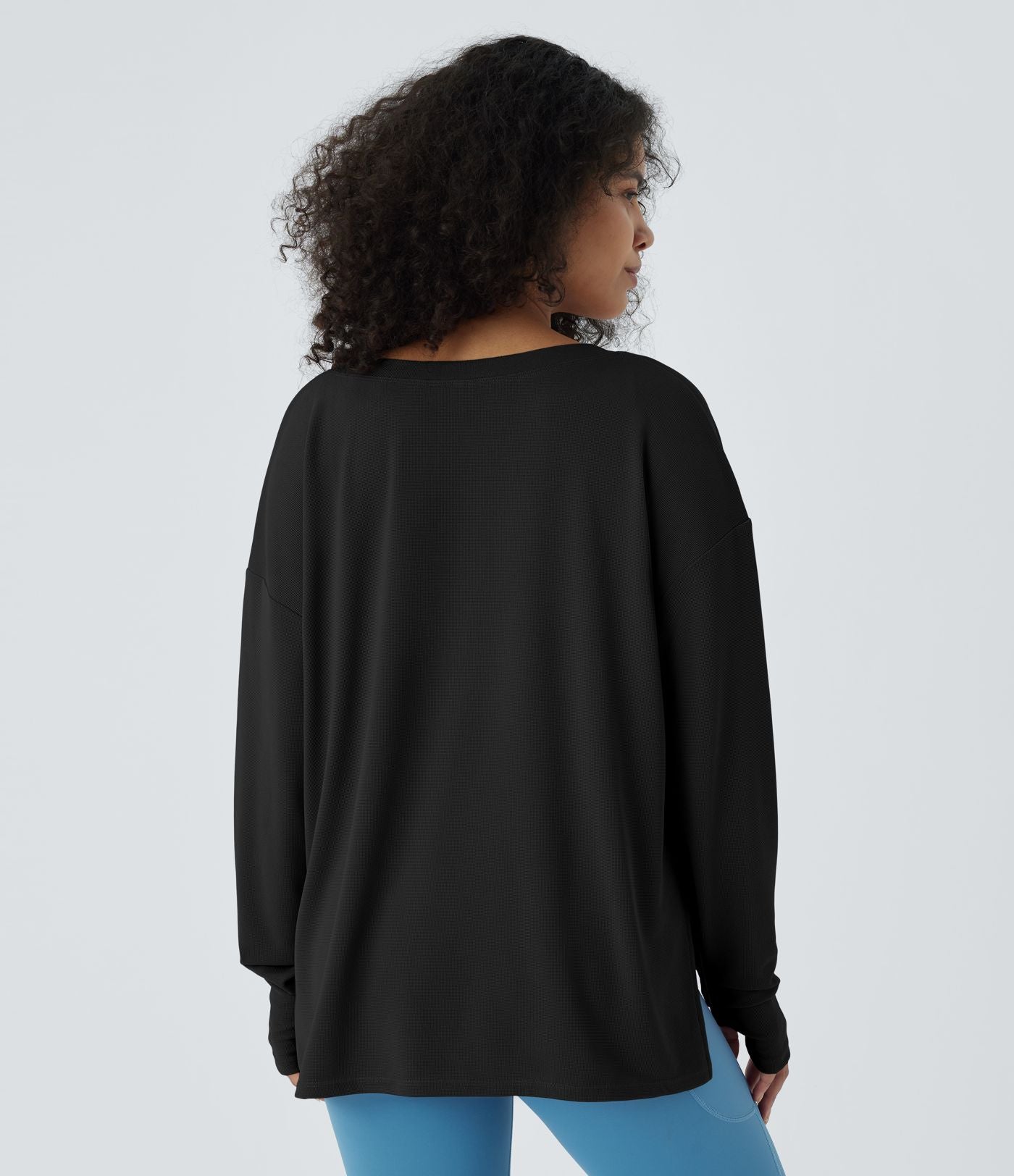 Sweatshirt Casual Waffle à Boutons Devant avec Trou Pouce et Fente