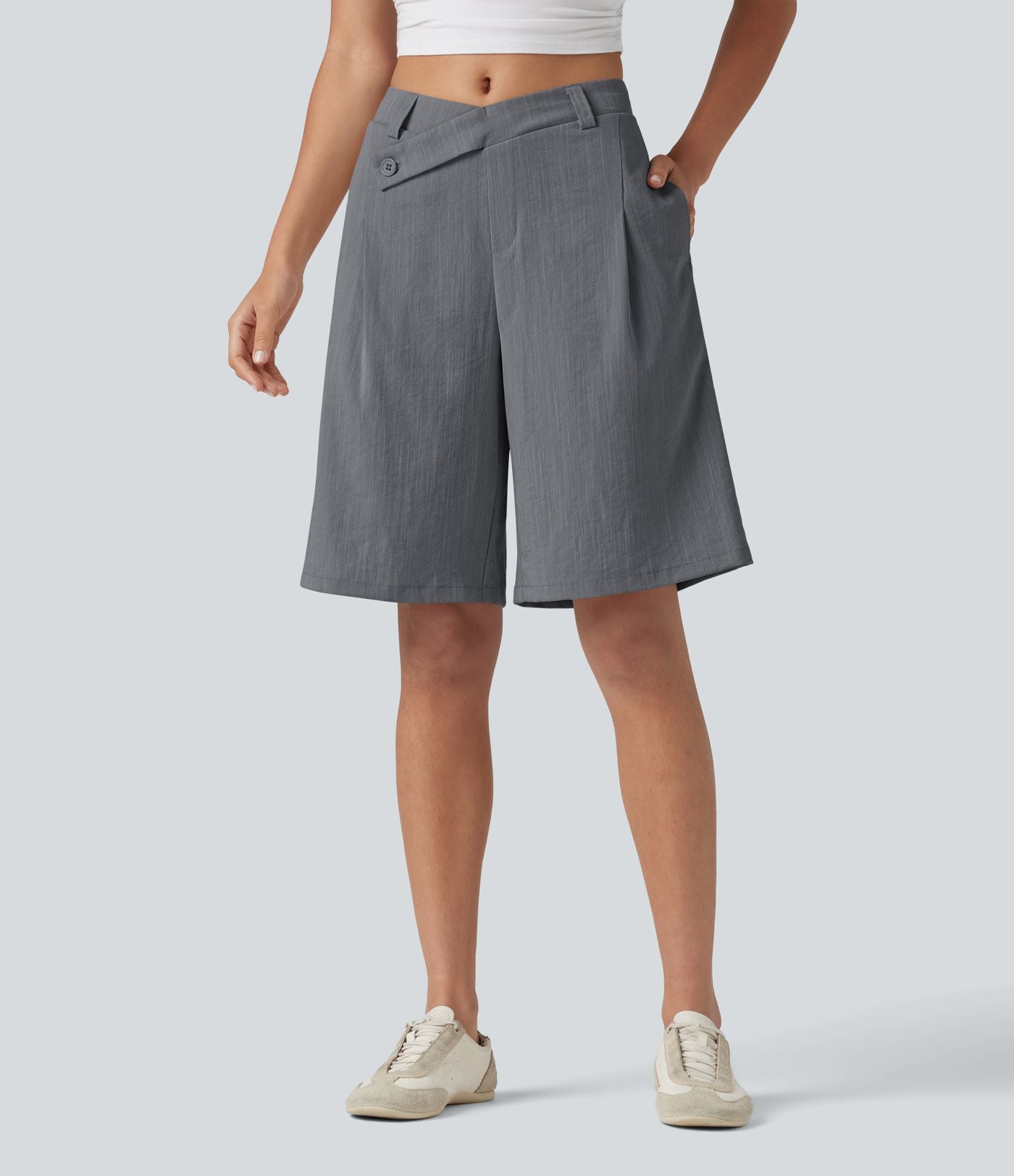 Short tailleur bermuda aspect lin taille mi-haute asymétrique 25 cm avec poches