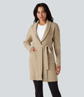 Cardigan long col tailleur ceinturé manches longues avec poches