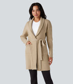Cardigan long col tailleur ceinturé manches longues avec poches