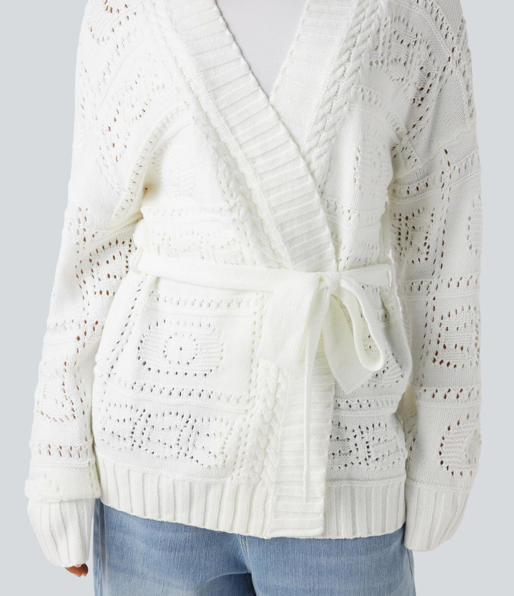 Cardigan décontracté en maille tricotée à manches longues avec ceinture et ouverture devant