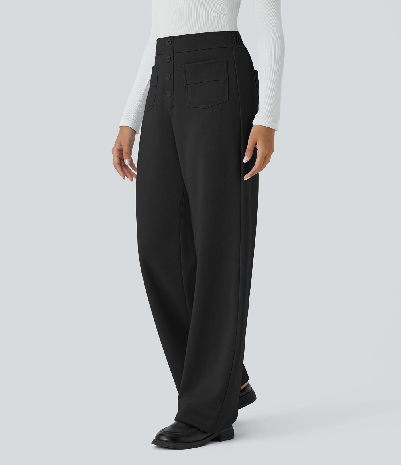 Pantalon Jogging en Fleece Thermique Jambe Droite Boutons Taille Haute Plusieurs Poches