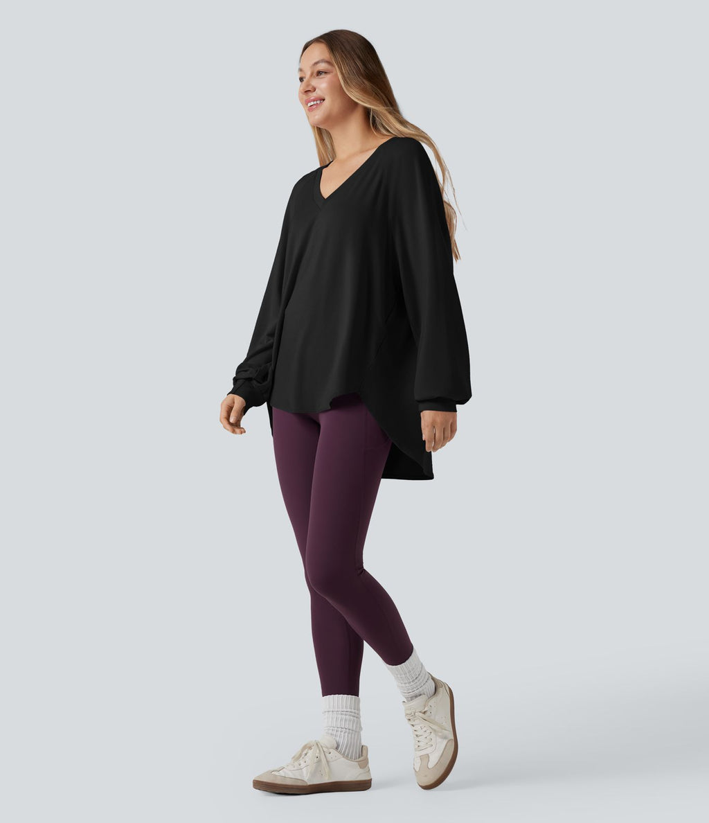 Sweat-shirt col V manches longues ourlet asymétrique