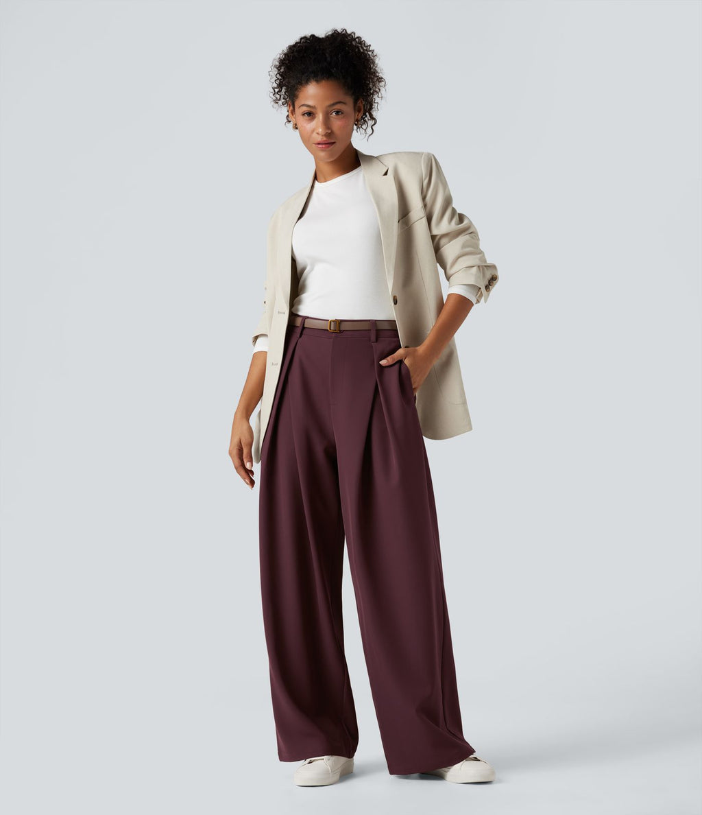 Pantalon tailleur large, taille haute, à poches