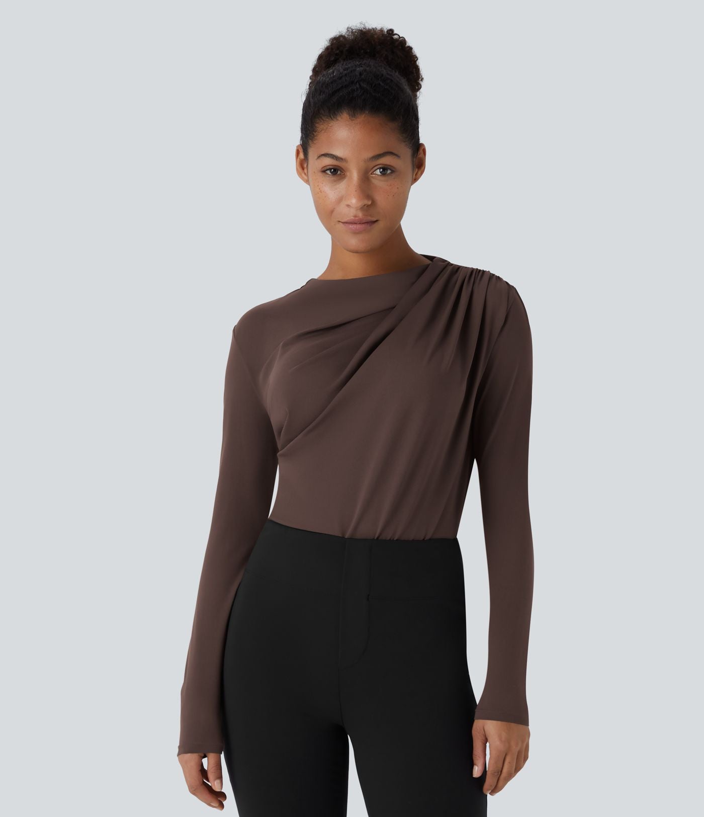 Cowl Neck Ruched Long Sleeve Slim Work Top