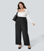 Pantalon Tailleur Droite Taille Haute Boutonnés Fermeture Éclair Plissé Poches Latérales Froncé Grande Taille