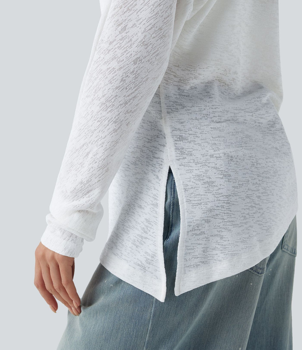 T-shirt décontracté semi-transparent une épaule dénudée à manches longues et ourlet asymétrique