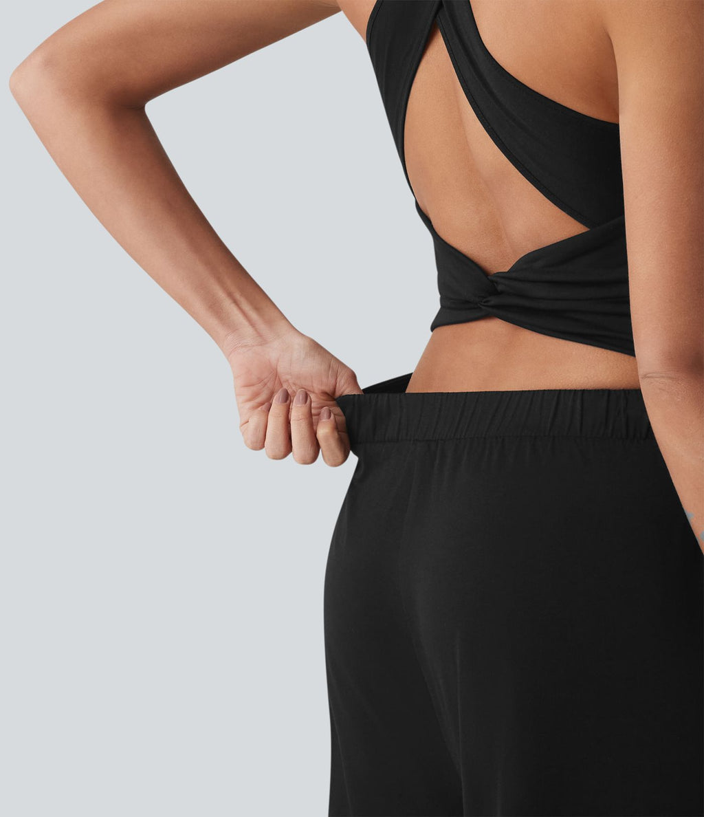 Combinaison décontractée fluide sans manches à dos croisé, col en U et ourlet à volants, avec poches - Easy Peezy