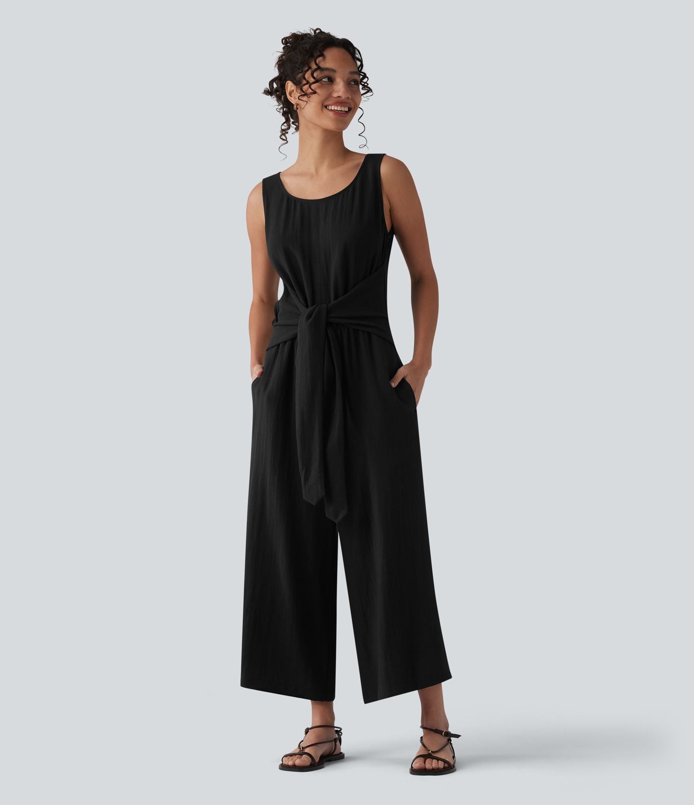 Combinaison casual aspect lin col rond échancré sans manches avec nœud frontal et poches – Easy Peasy