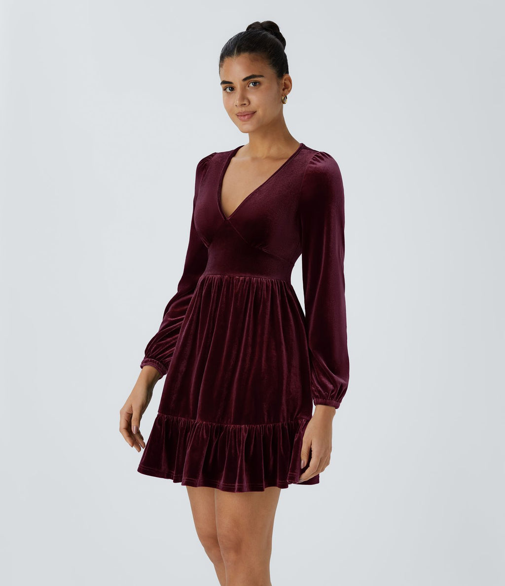 Quotidien Robe de Soirée Mini en Velours à Encolure en V Profond et Ourlet Volanté