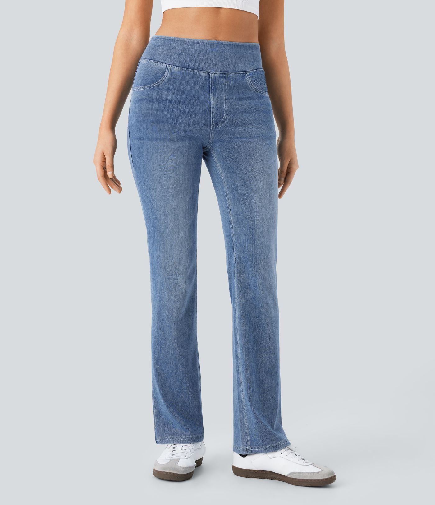 Halara Flex™ Jean bootcut décontracté extensible délavé taille haute à poches multiples