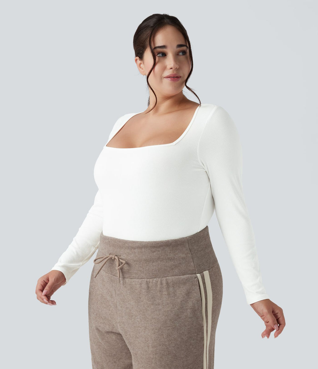 Body grande taille maille côtelée col carré manches longues ajusté