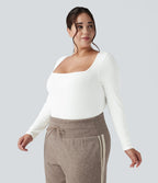 Body grande taille maille côtelée col carré manches longues ajusté