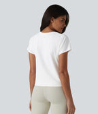 Haut de sport décontracté en coton à manches courtes et col raglan, style yoga, coupe ample, col en V