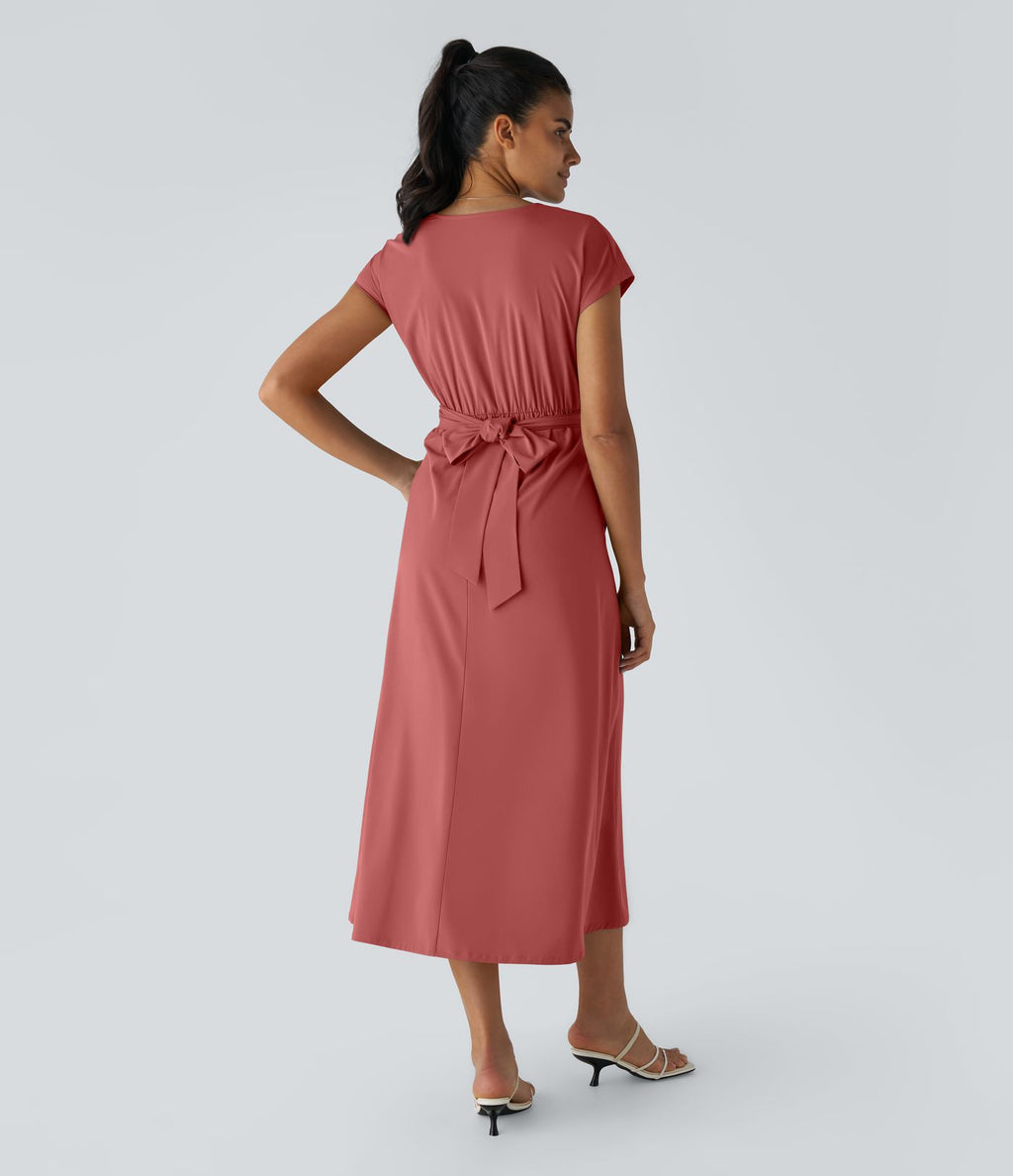 Breezeful™ Robe Mi-Longue Col en V Manches Courtes Poche Latérale Nouée au Dos Séchage Rapide