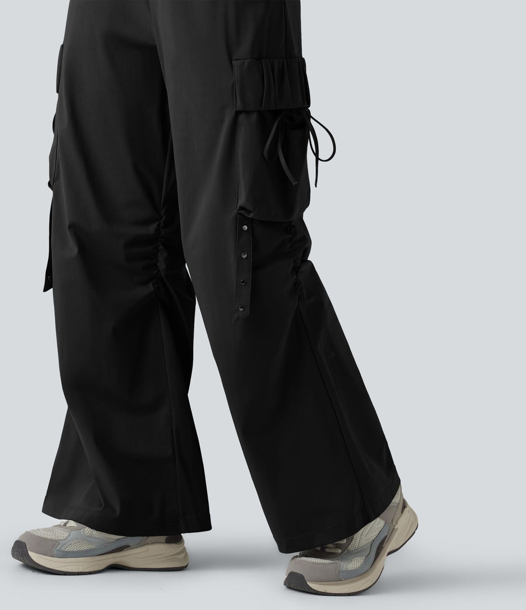 Pantalon cargo bootcut de sport taille mi-haute avec fronces et liens et poches