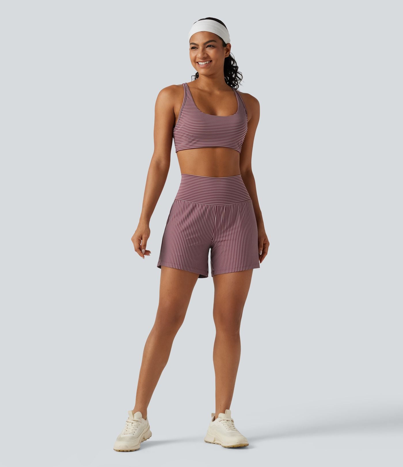 Short de yoga 2-en-1 à rayures, taille très haute, 12,5 cm, à poches