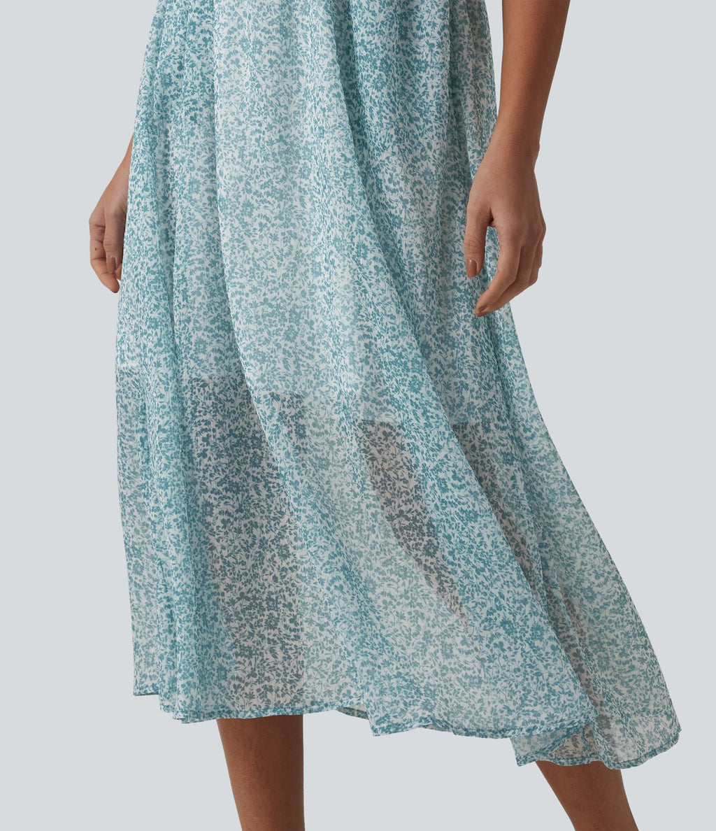 Robe nuisette midi casual fluide en mousseline à imprimé floral, fronces et bretelles réglables avec poches