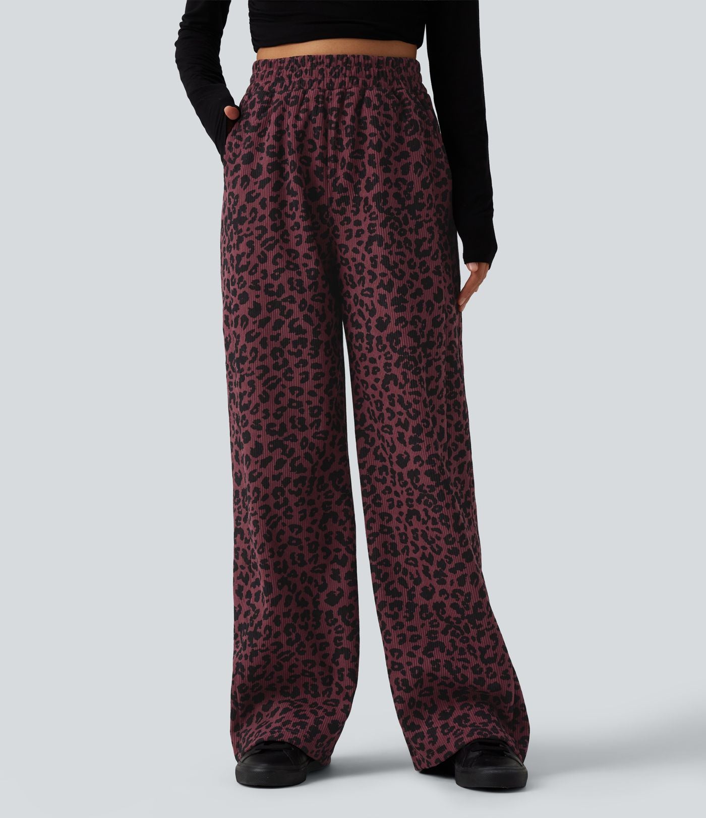 Pantalon léopard velours côtelé imprimé coupe droite mop taille haute avec poches
