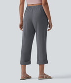 Pantalon casual court aspect lin coupe droite taille haute avec poches