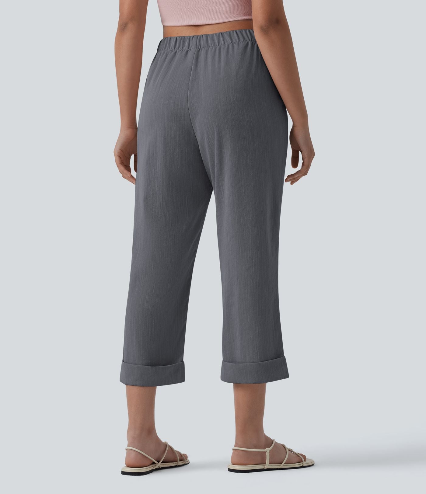 Pantalon casual court aspect lin coupe droite taille haute avec poches
