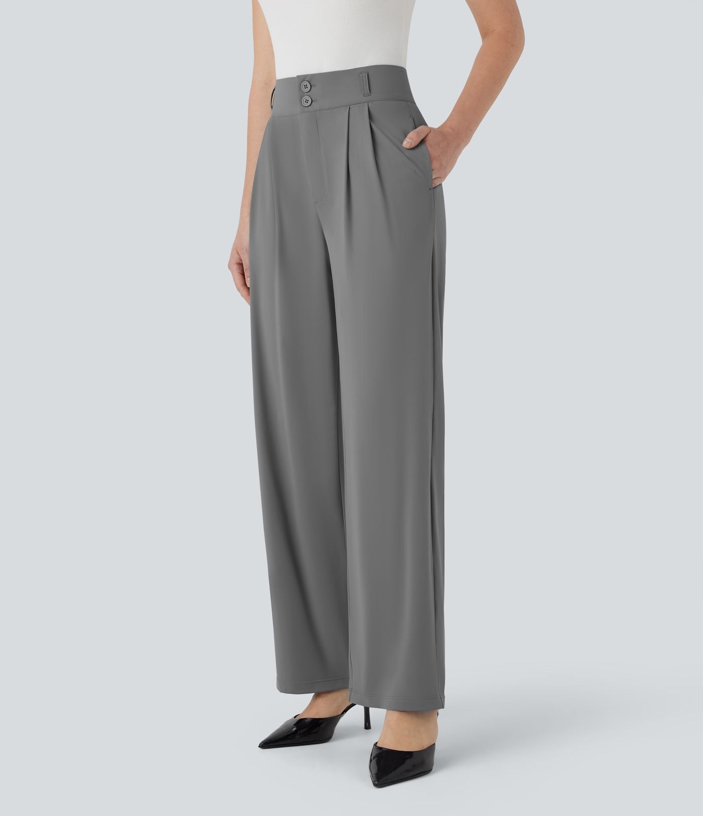 Pantalon de travail à taille haute avec boutons, fermeture éclair, poches latérales, fronces, jambe droite et effet frais InstantCool