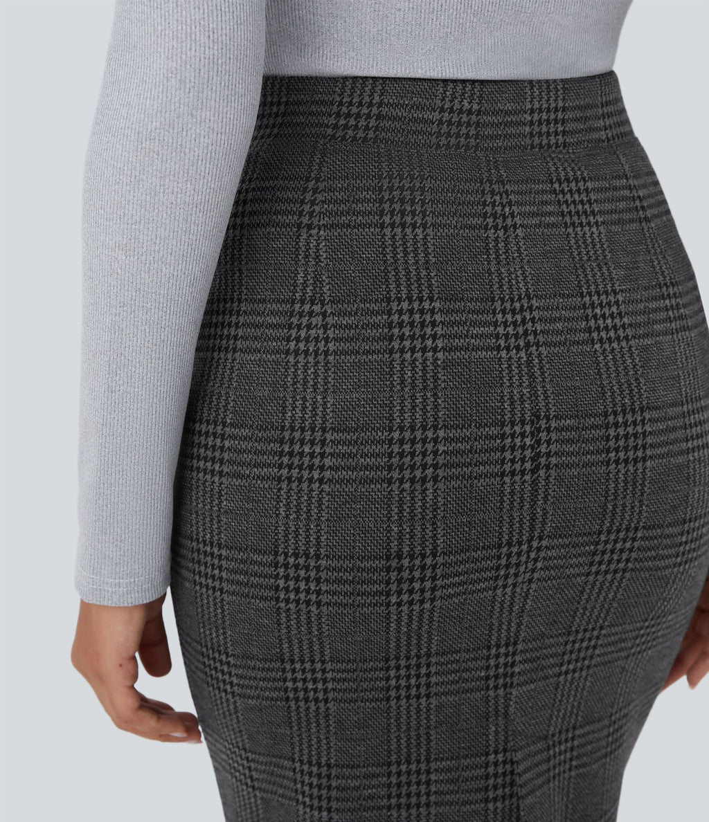 Jupe crayon de travail à taille haute, fente et motif pied-de-poule et carreaux