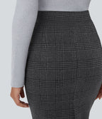 Jupe crayon de travail à taille haute, fente et motif pied-de-poule et carreaux