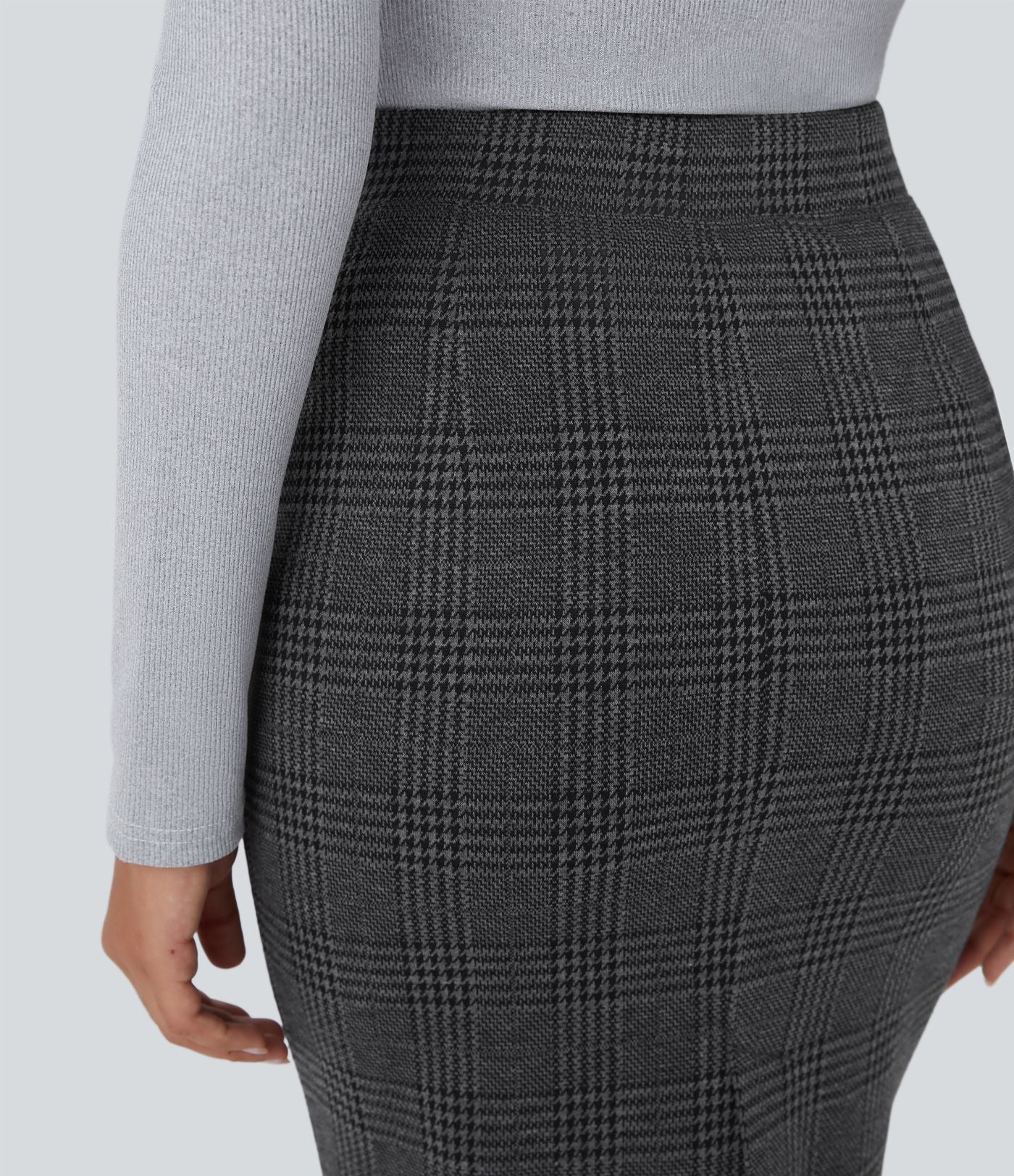 Jupe crayon de travail à taille haute, fente et motif pied-de-poule et carreaux