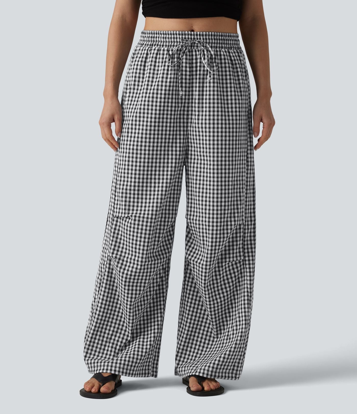 Pantalon ample décontracté à carreaux vichy, taille mi-haute, cordon de serrage et poches