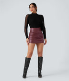Jupe courte moulante 2-en-1 SoCinched gainante taille haute similicuir polaire froncée ourlet arrondi