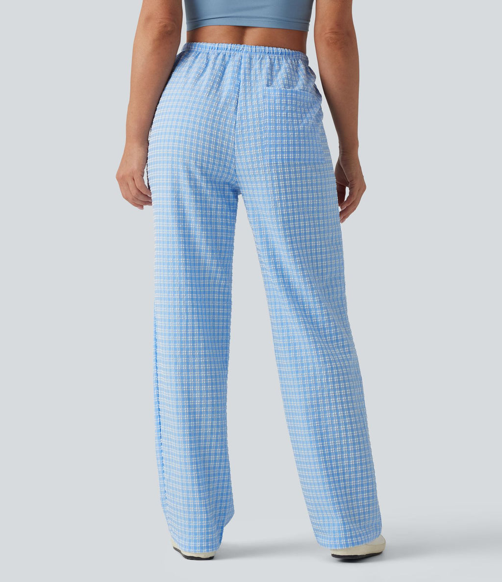 Pantalon casual coupe droite taille mi-haute vichy à cordon de serrage avec poches