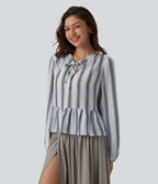 Blouse aspect lin à rayures manches longues ourlet à volants à nouer devant
