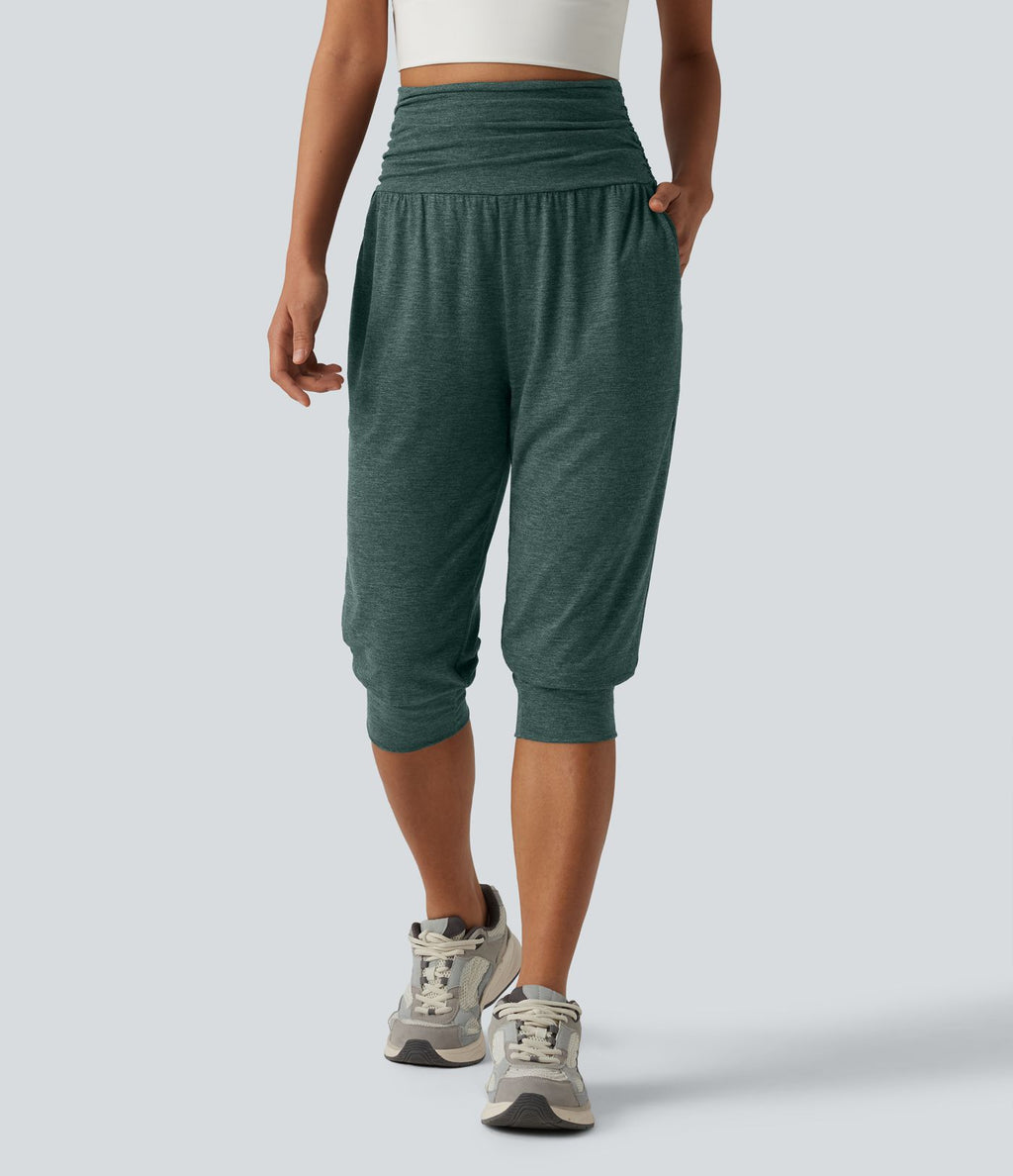 Jogging yoga corsaire chiné taille haute à fronces avec poches